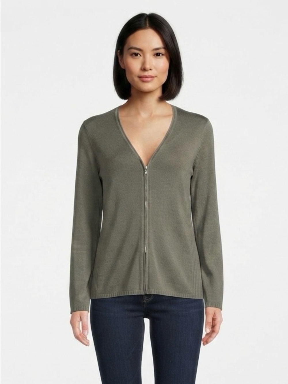 Alfani Women L Gray Silk Cardigan Full Zip Sweater V-Neck Ribbed Minimalist Chic